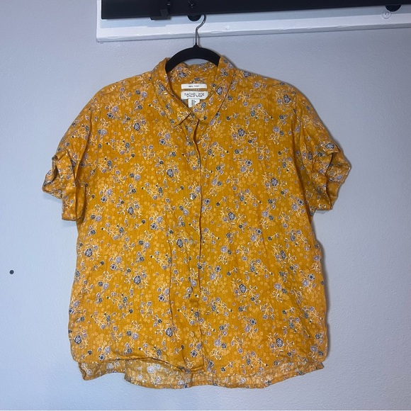 Rachel Zoe Button Up Blouse Short Sleeve Mustard Yellow Floral Linen Size Small - Picture 7 of 8